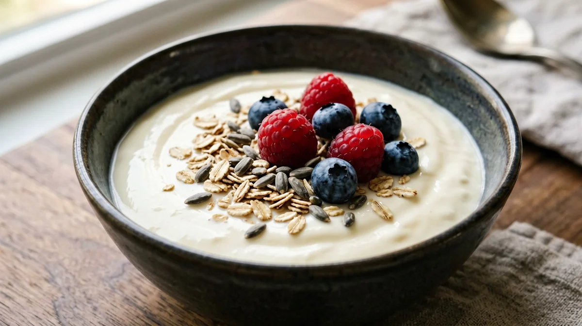 Yogurt di soia con frutti rossi e fiocchi d'avena