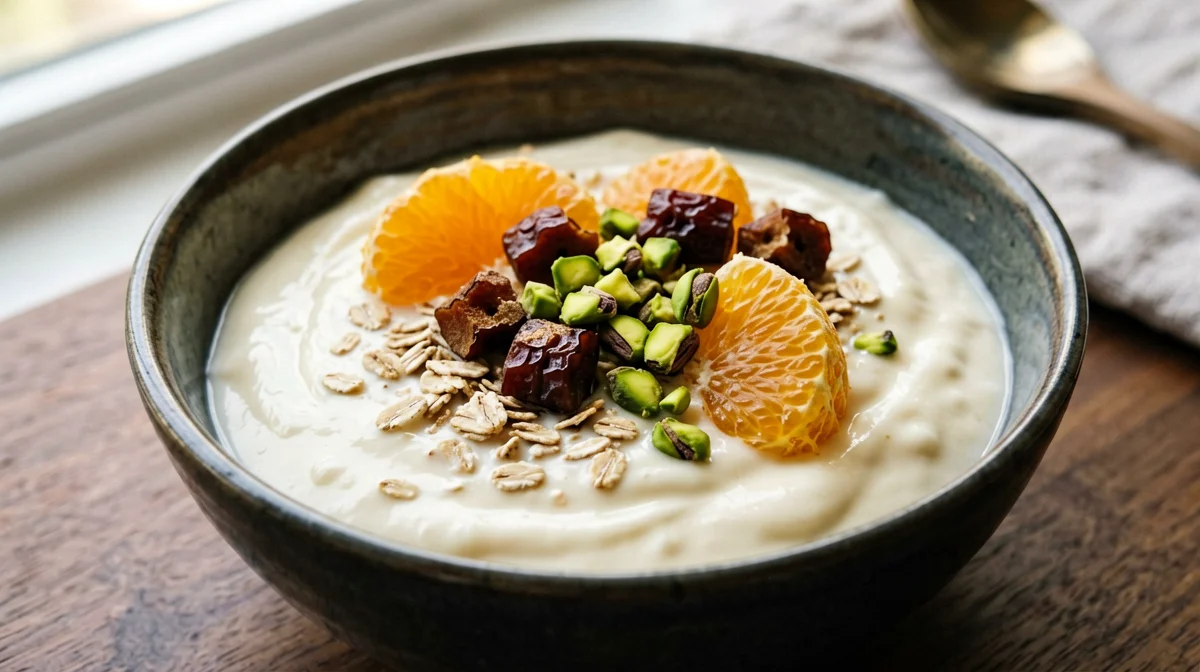 Soy yogurt with oranges, dates and pistachios