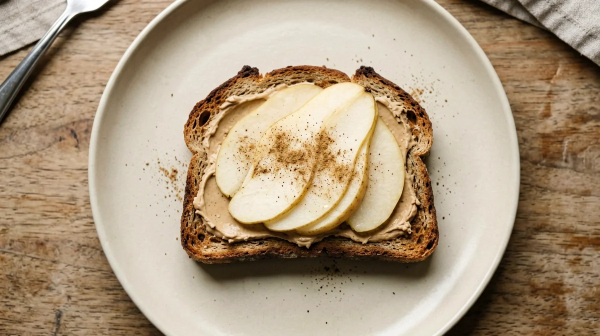 Rye bread with almond butter and sliced pear