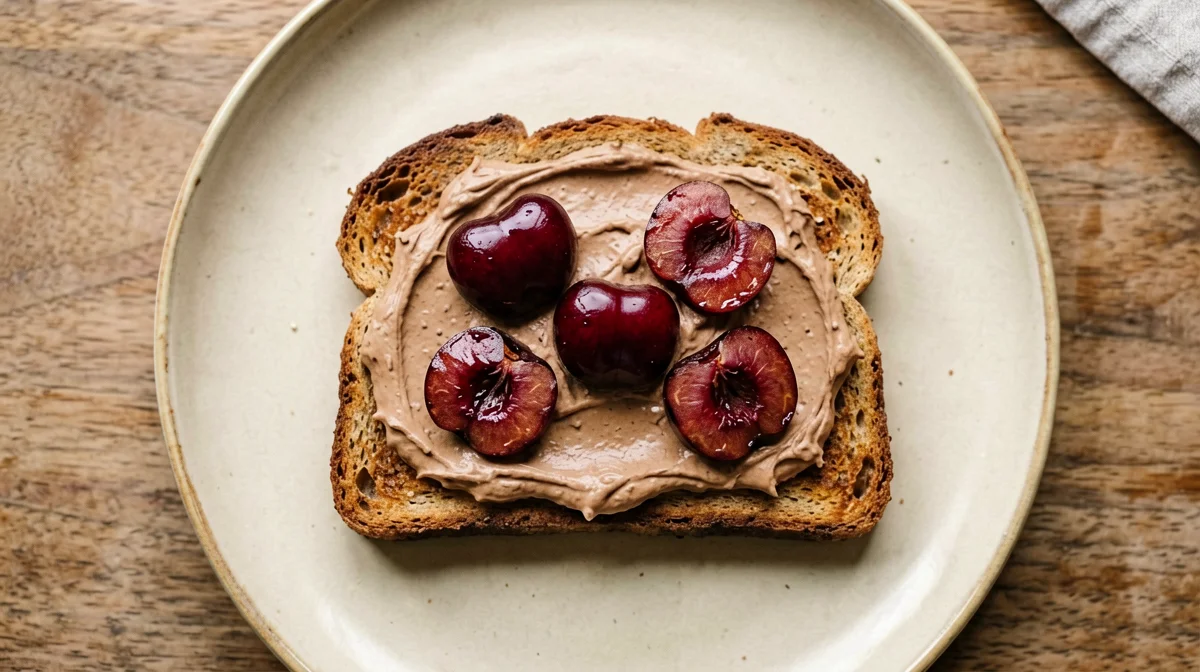 Pane integrale con ricotta, ciliegie e cacao