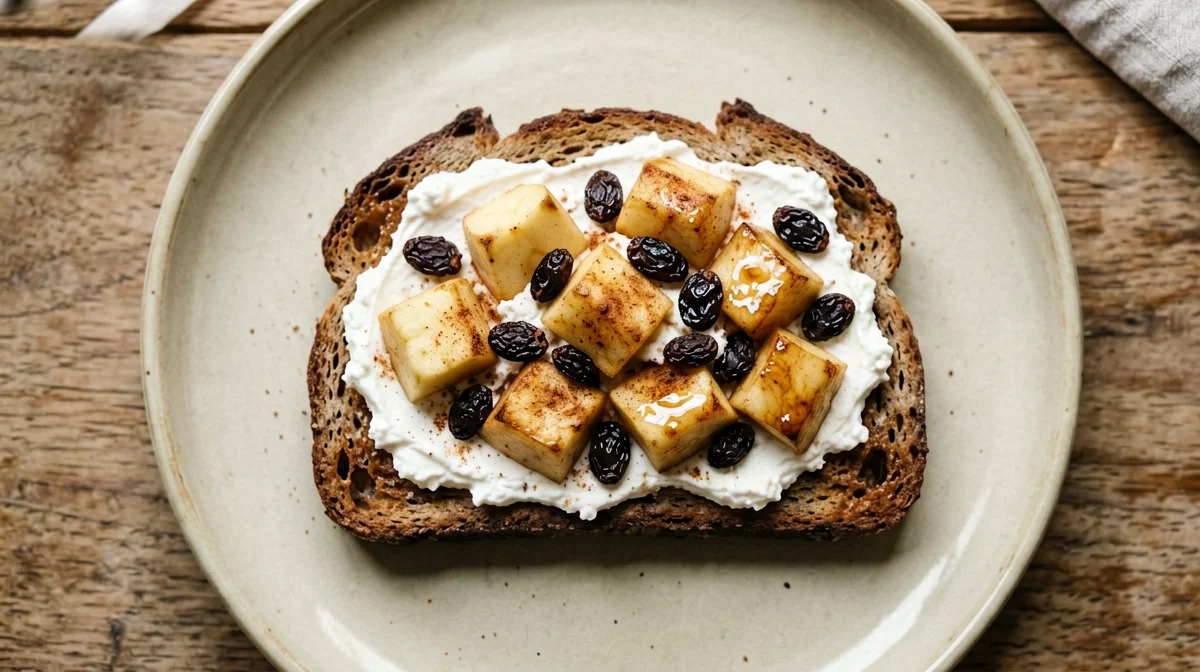 Rye bread with ricotta, cooked apple and cinnamon