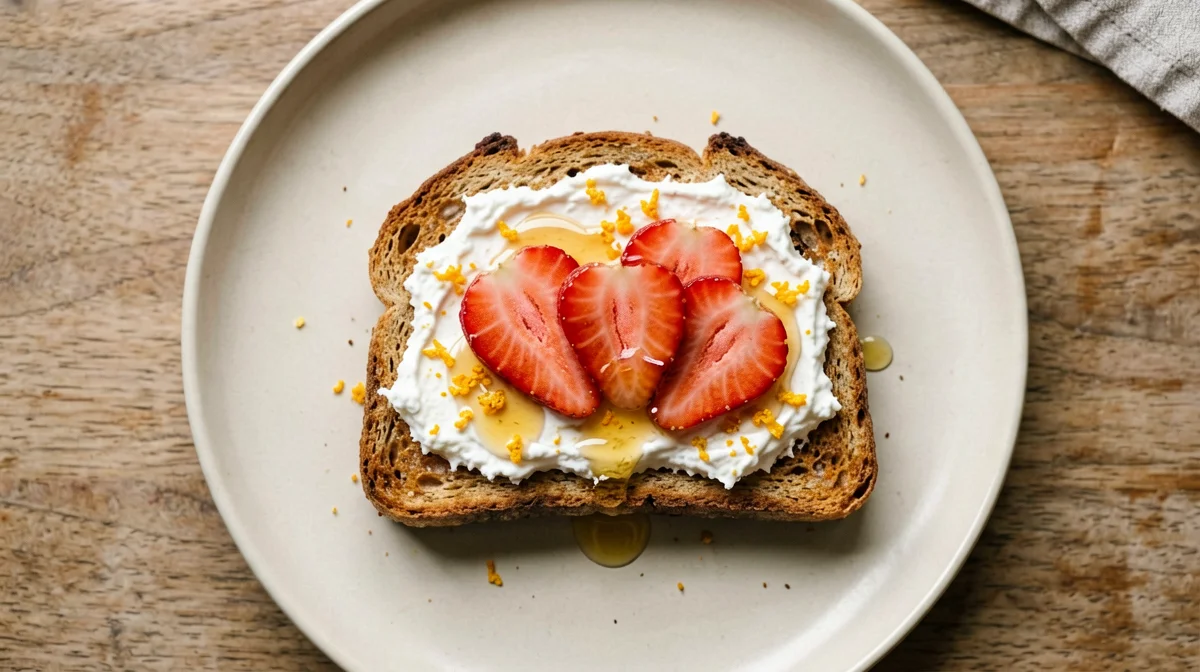Pane integrale con ricotta, fragole e scorza d'arancia