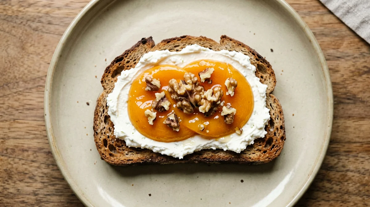 Rye bread with sheep's ricotta, persimmon and walnuts