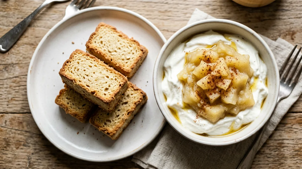 Fette biscottate con yogurt greco e composta di pere