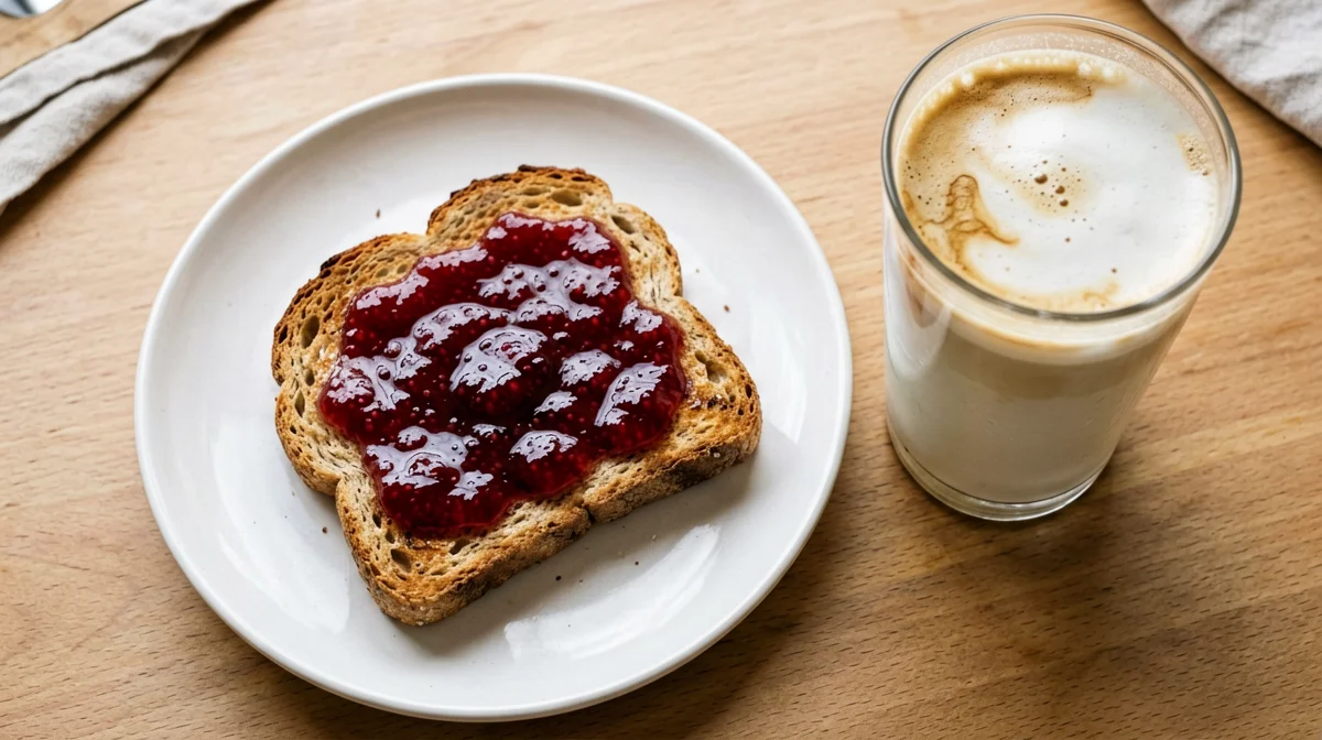 Pane integrale con confettura extra e latte macchiato