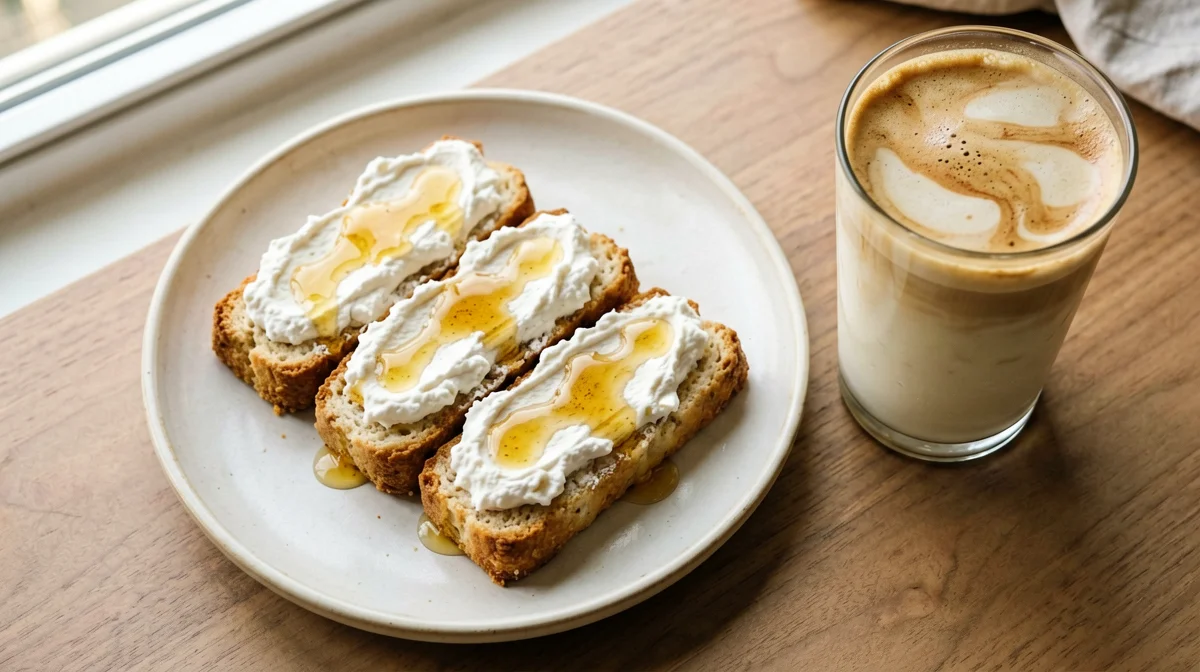 Latte macchiato with rusks, ricotta and honey