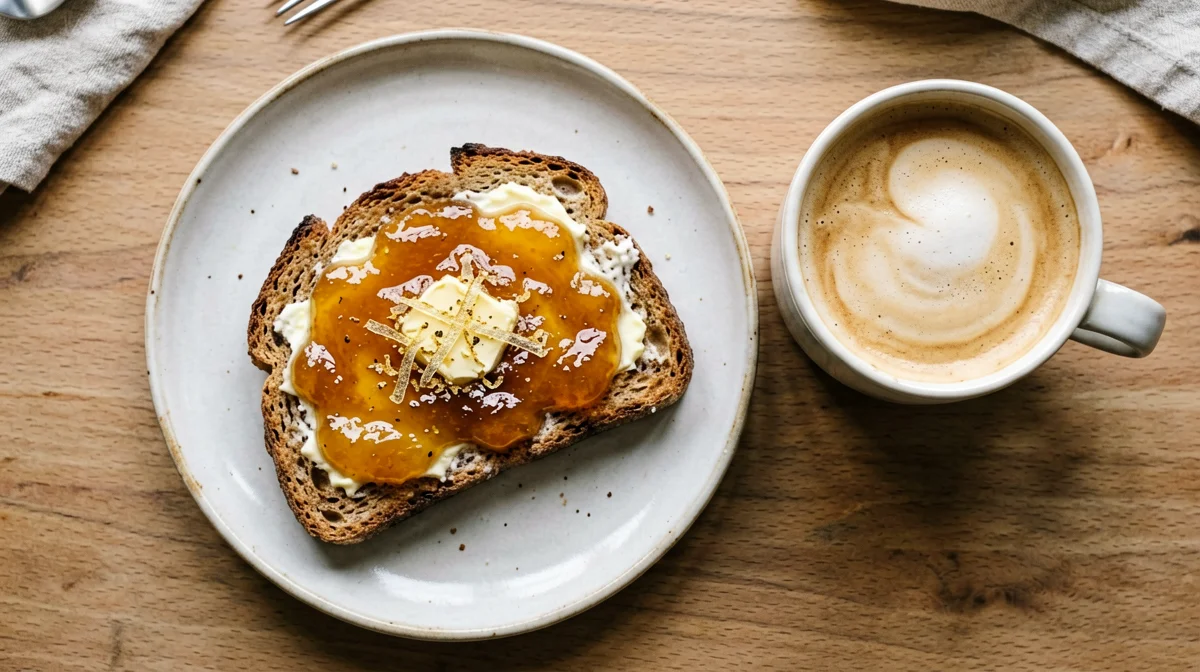 Cappuccino con pane di segale, burro e marmellata d'arance