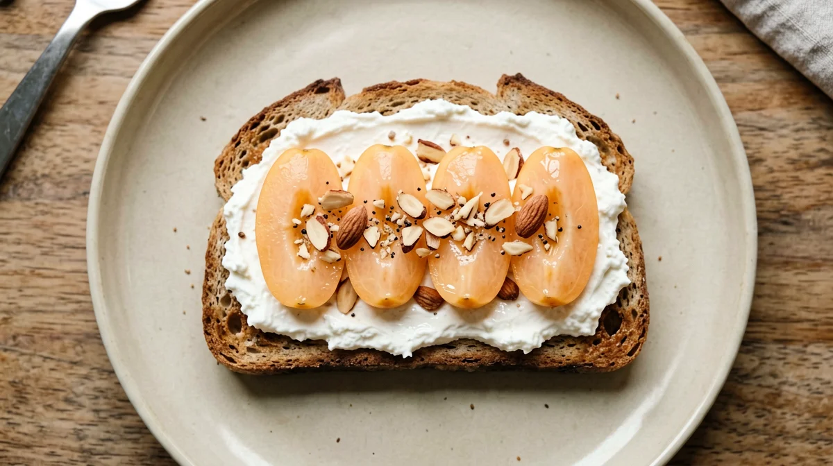 Wholemeal bread with ricotta, loquats and almonds