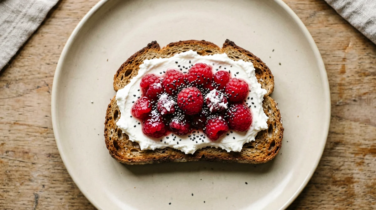 Rye bread with ricotta, raspberries and chia seeds