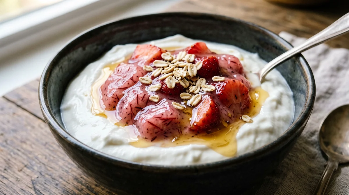 Greek yogurt with stewed rhubarb and strawberries