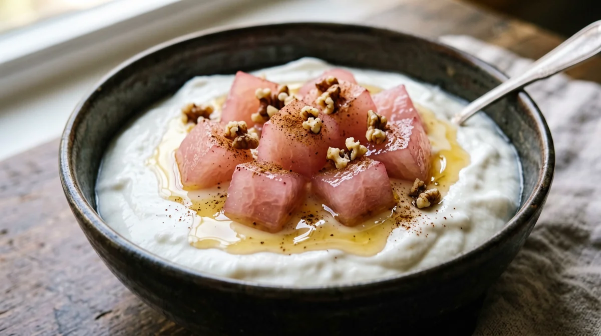 Yogurt greco con mele cotogne cotte e noci