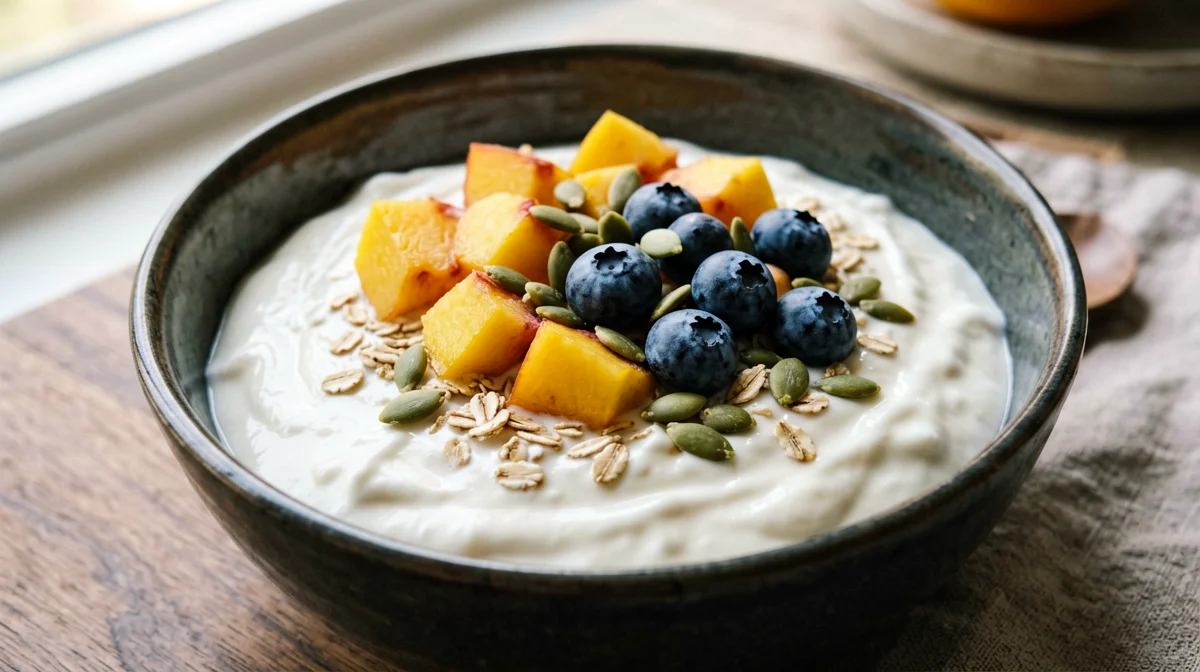 Yogurt greco con mirtilli, pesca e semi di zucca