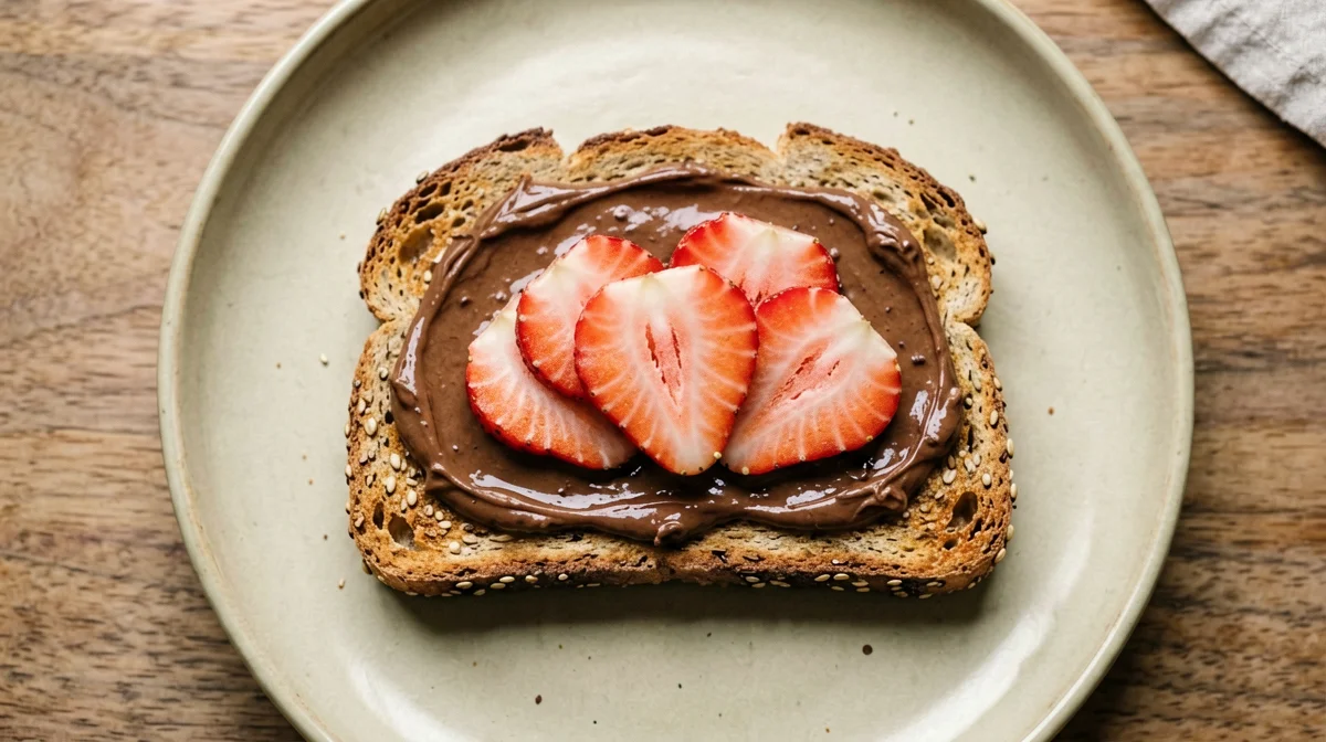 Multigrain bread with cocoa almond spread and strawberries