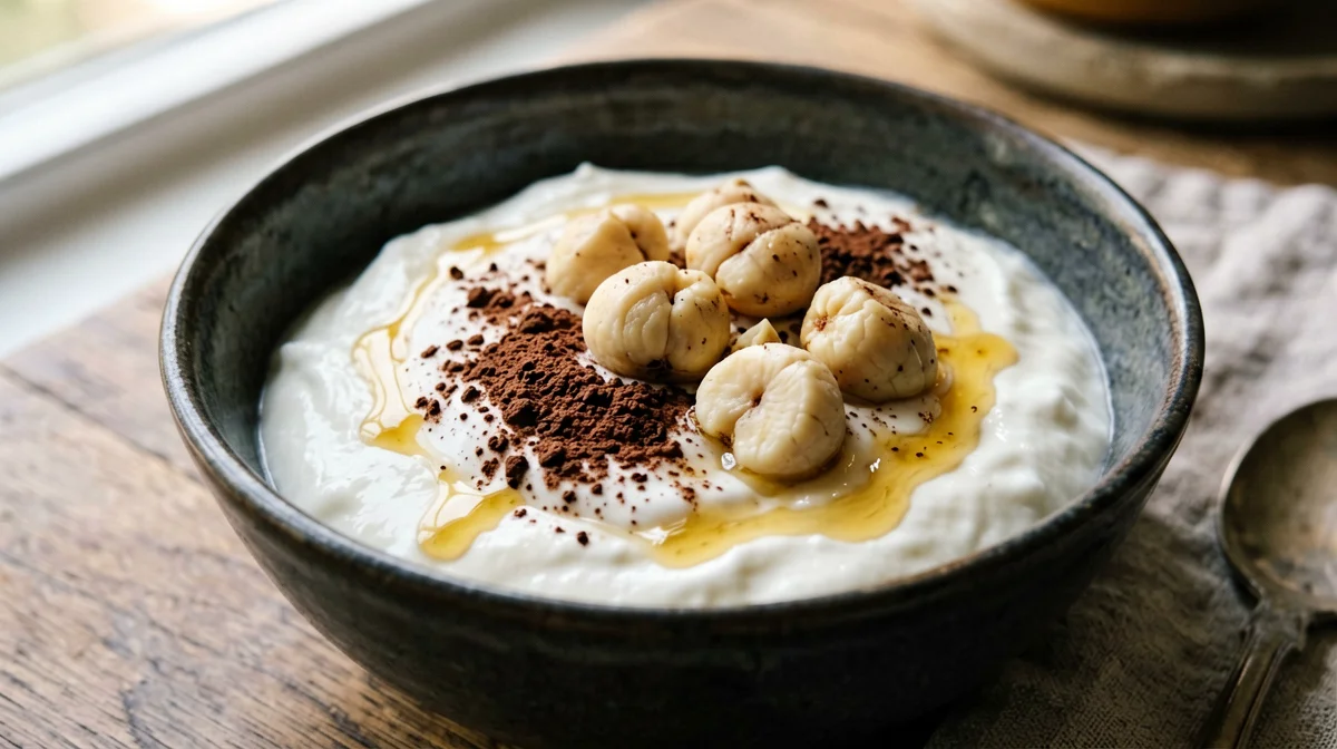 Greek yogurt with boiled chestnuts, cocoa and honey