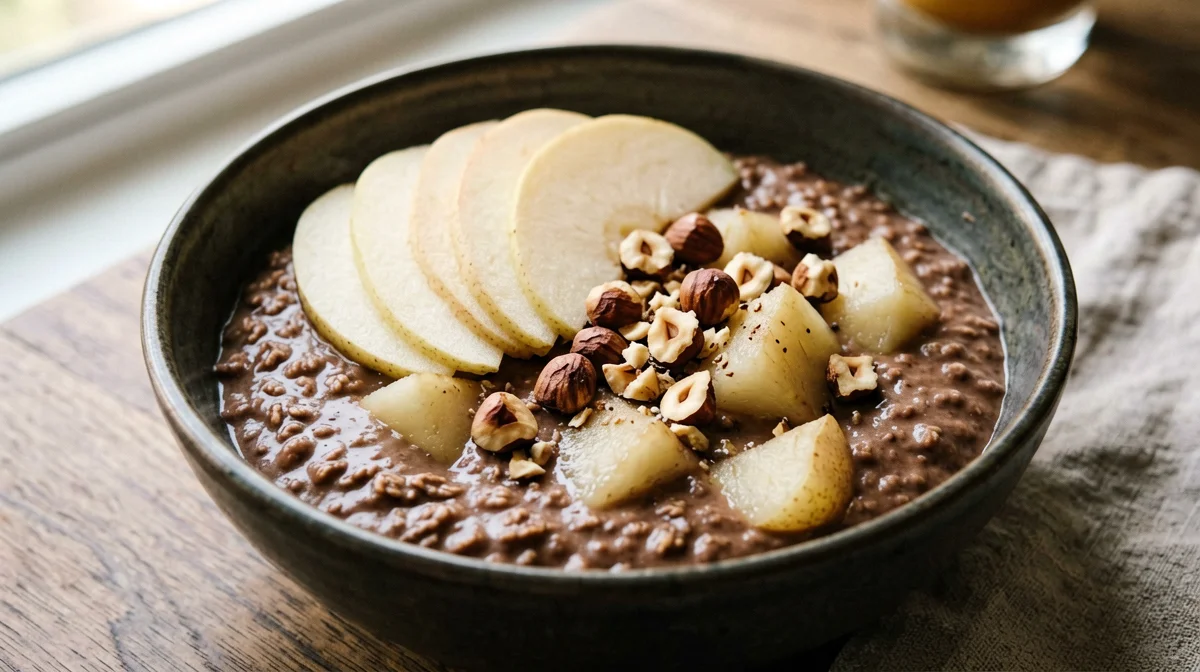 Porridge con pere, cacao e nocciole
