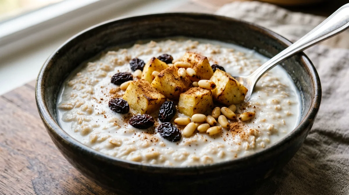 Porridge con mela cotta in padella, uvetta e pinoli
