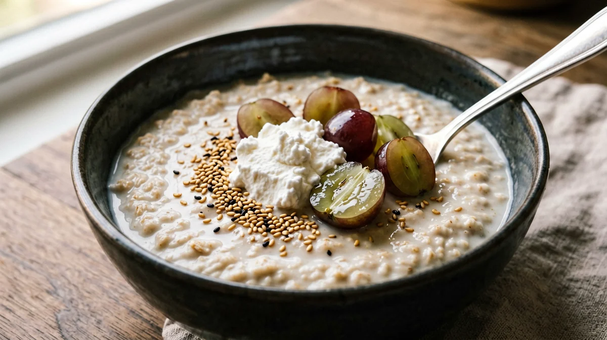 Porridge with grapes, ricotta and sesame seeds