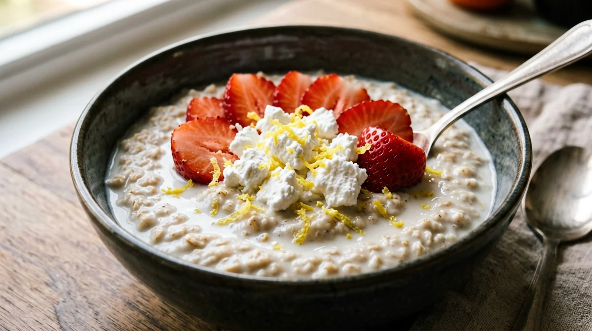 Porridge con fragole, ricotta e scorza di limone