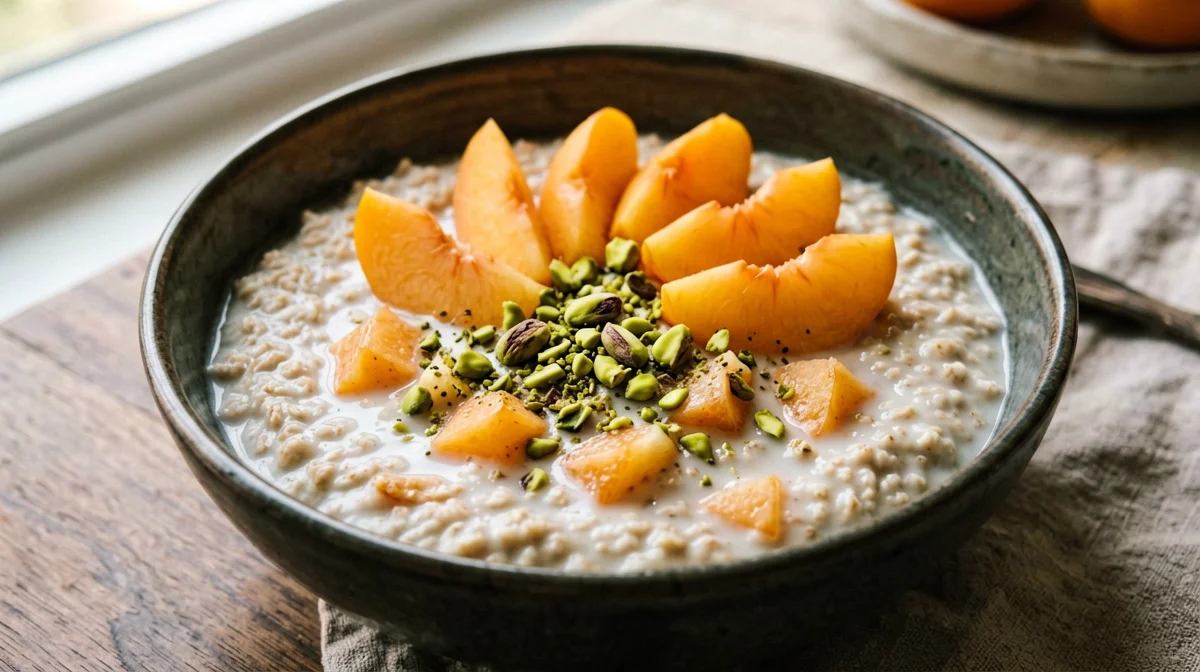 Porridge with fresh apricots and pistachios
