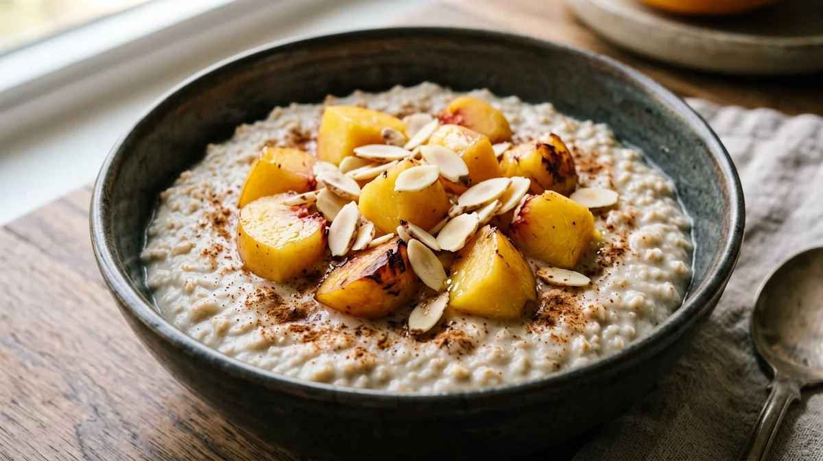 Peach porridge with almonds and cinnamon