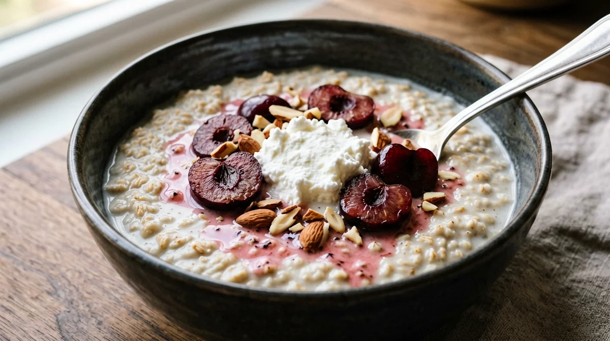 Porridge with cherries, ricotta and almonds