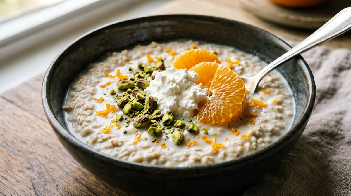 Porridge con spicchi d'arancia, ricotta e pistacchi