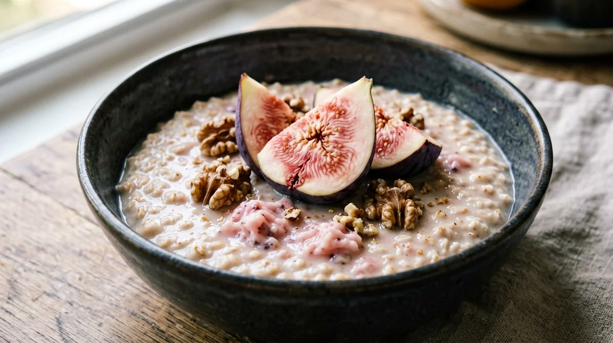 Plant-based porridge with almond drink, figs and walnuts