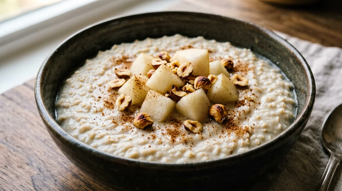 Plant-based porridge with oat drink, pear and hazelnuts