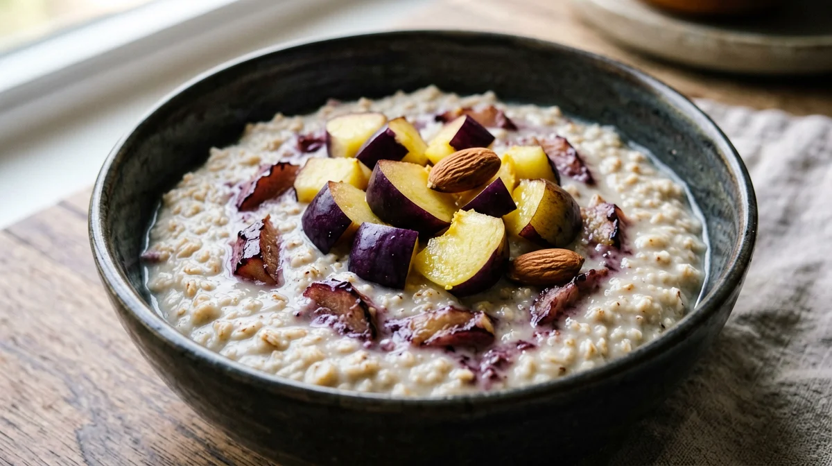 Porridge vegetale con bevanda di soia, prugne e mandorle