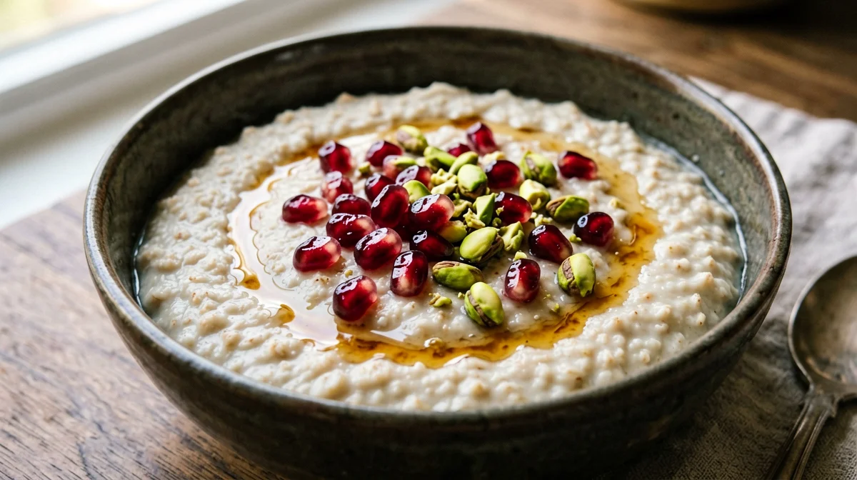 Porridge vegetale con bevanda di soia, melagrana e pistacchi