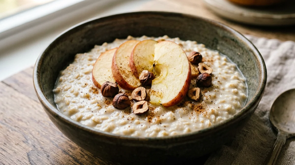Plant-based porridge with rice drink, apple and toasted hazelnuts