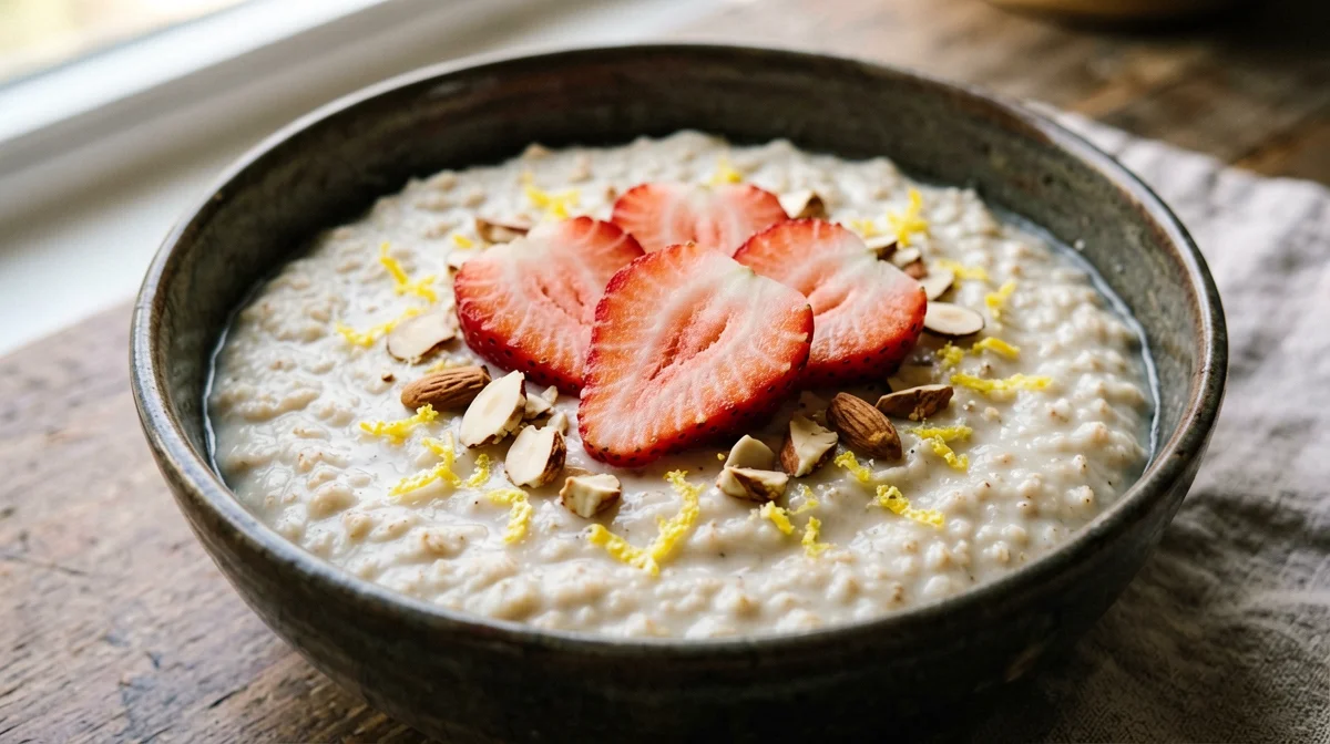 Porridge vegetale con bevanda di mandorla, fragole e scorza di limone