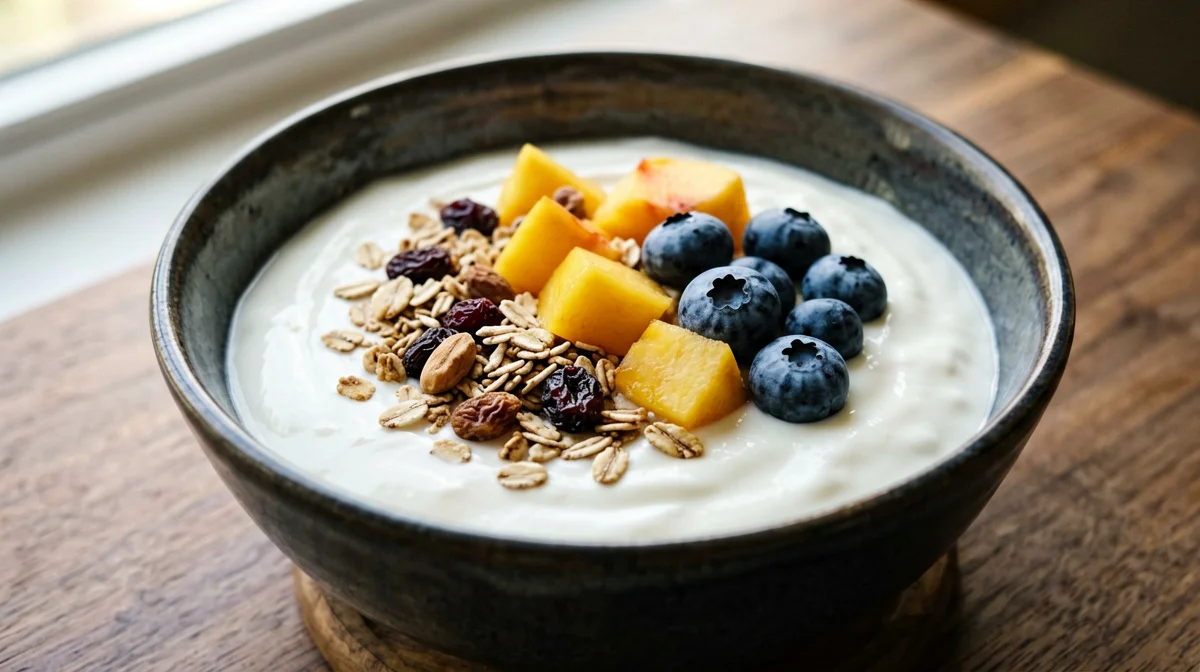 Muesli con yogurt magro, pesca e mirtilli