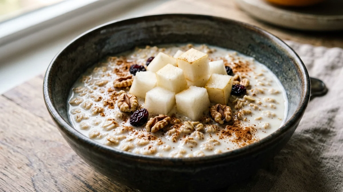 Muesli con latte caldo, pera e cannella