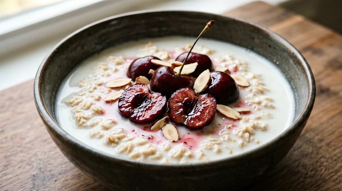 Fiocchi d'avena con latte freddo, ciliegie e mandorle