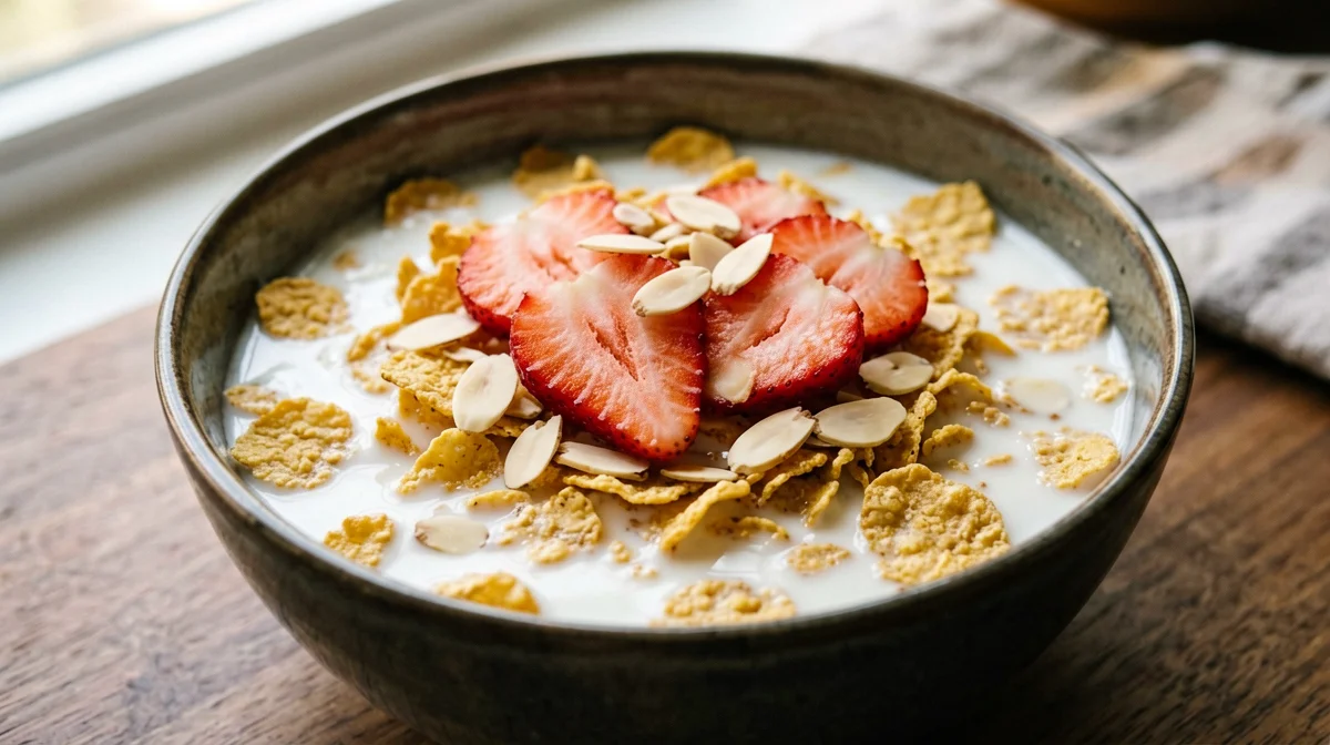 Corn flakes con latte, fragole e mandorle