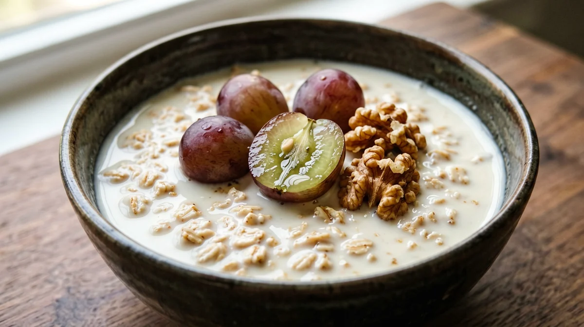 Fiocchi d'avena con bevanda di soia, uva e noci