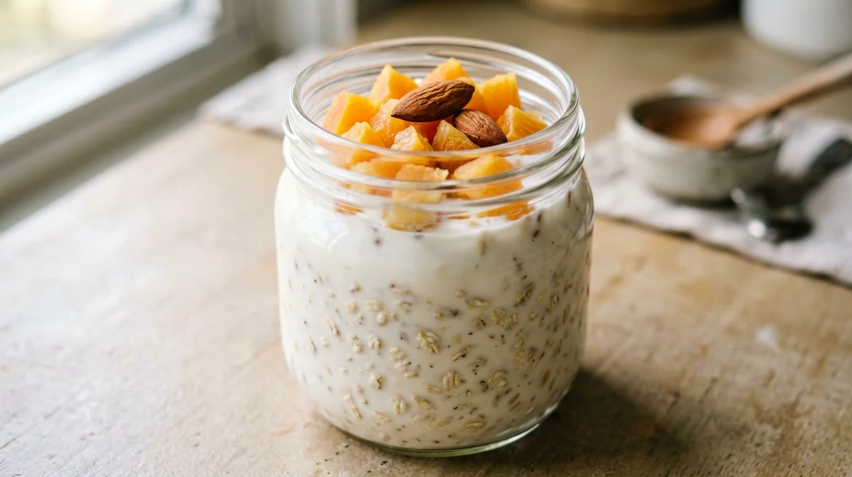 Avena ammollata nello yogurt di soia con albicocche e mandorle