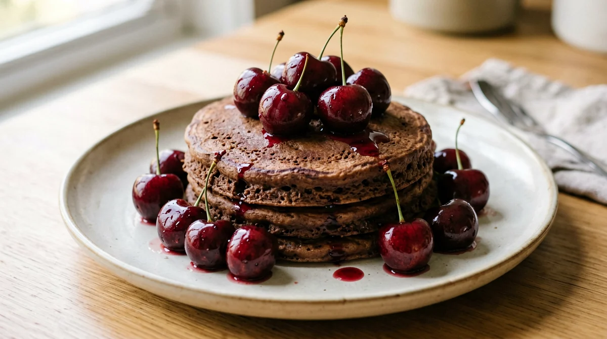 Cocoa ricotta pancakes with cherries
