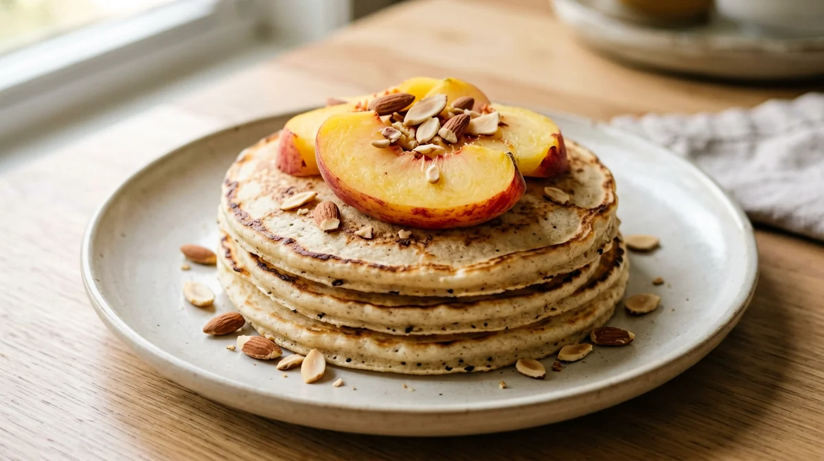 Vegan wholemeal pancakes with peaches