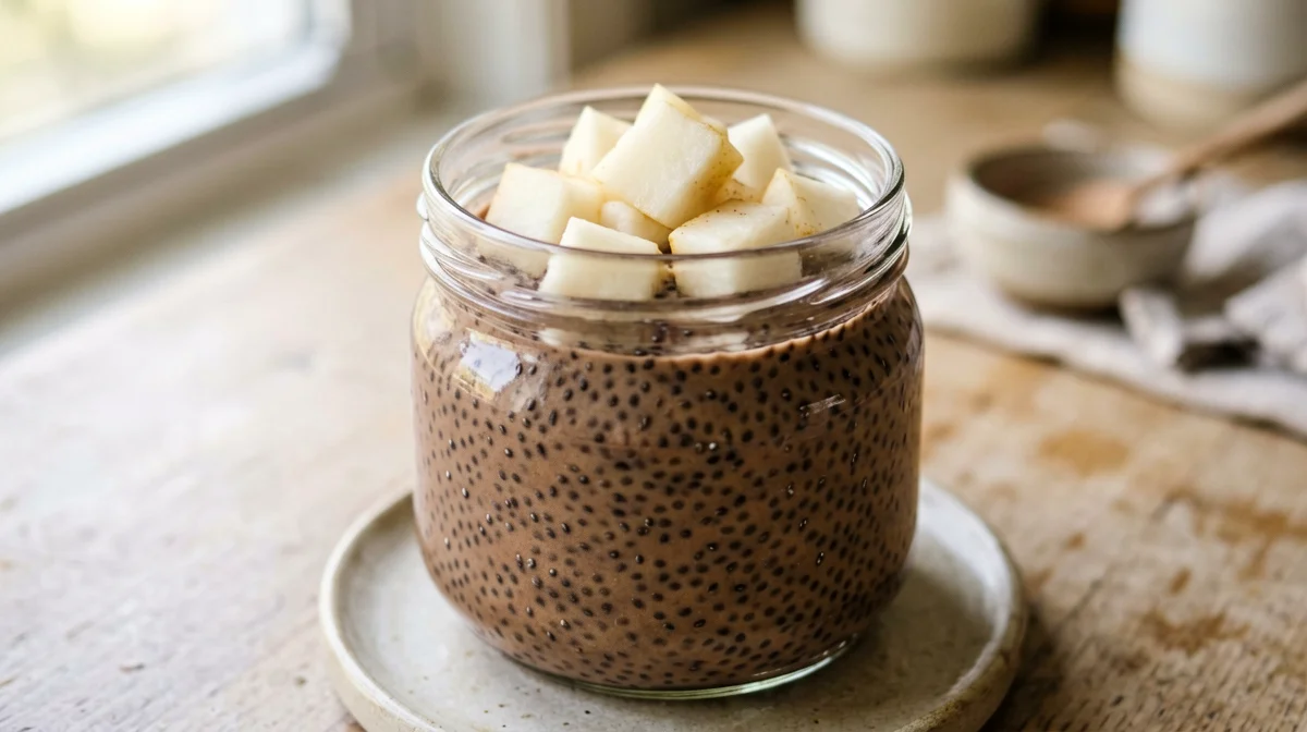 Budino di chia al latte con pere e cacao