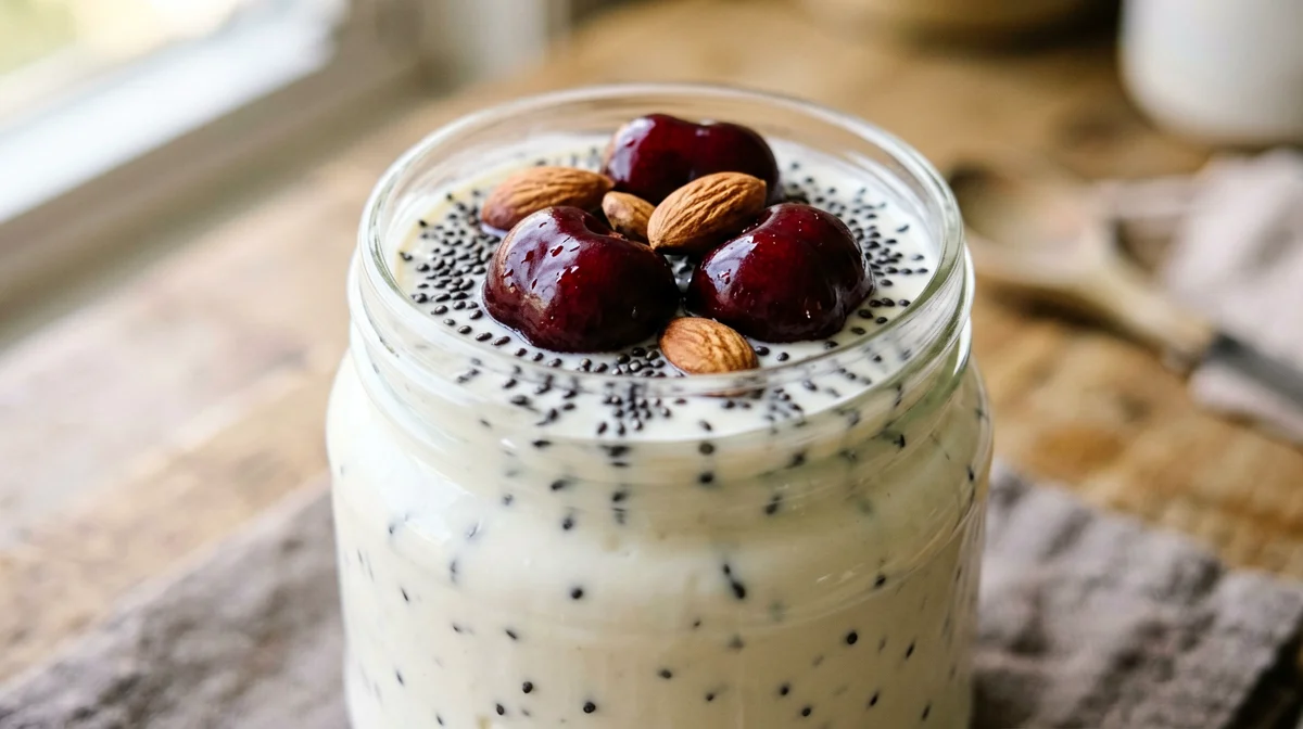 Greek yogurt chia pudding with cherries and almonds