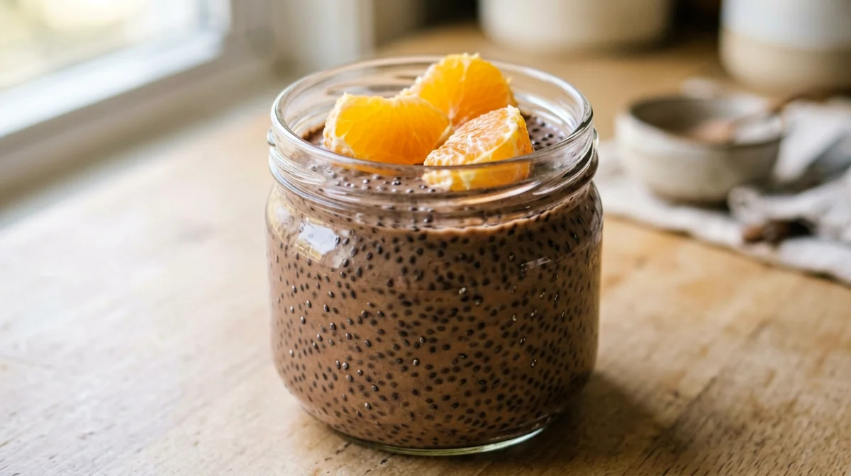 Soy drink chia pudding with oranges and cocoa