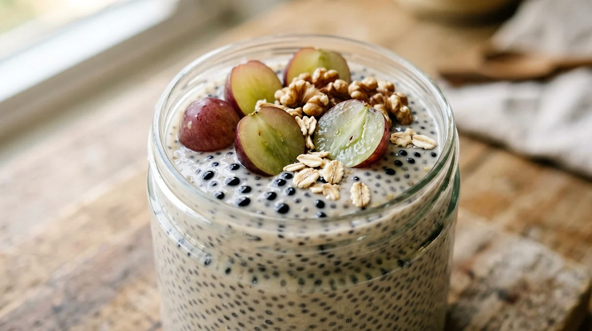 Almond drink chia pudding with grapes and walnuts