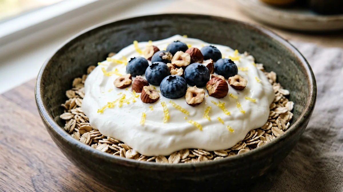 Crema di ricotta al limone con mirtilli e nocciole
