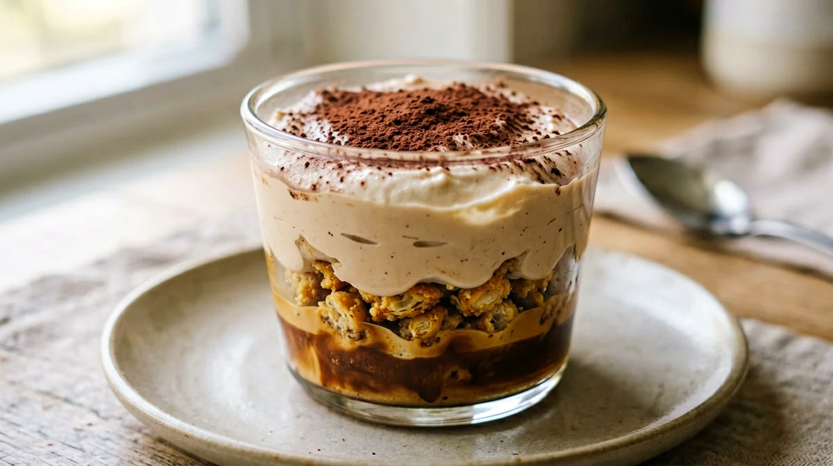 Crema di ricotta al caffè con fette biscottate e cacao