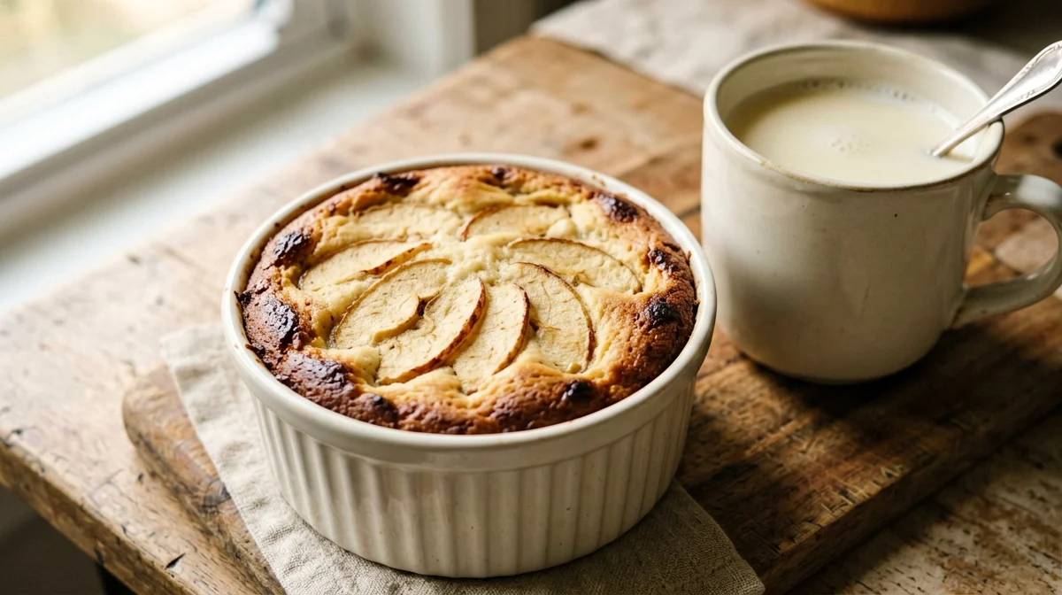 Apple and yogurt mini cake in a ramekin with milk