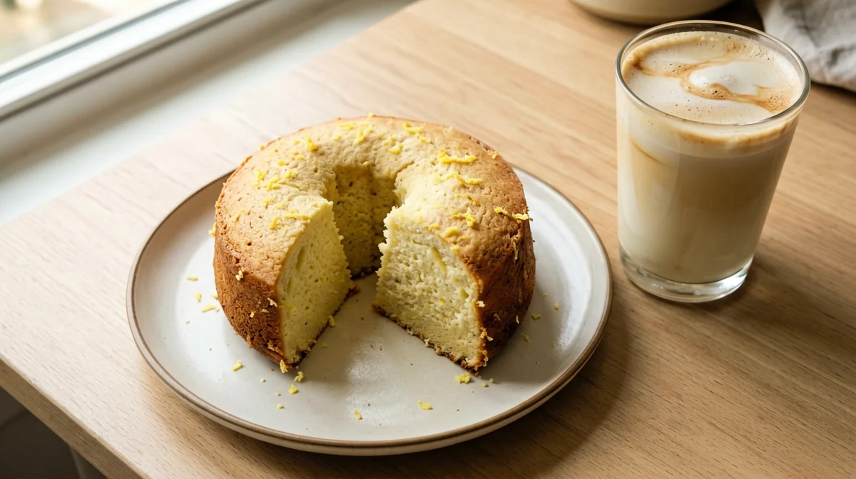 Slice of yogurt ring cake with latte macchiato