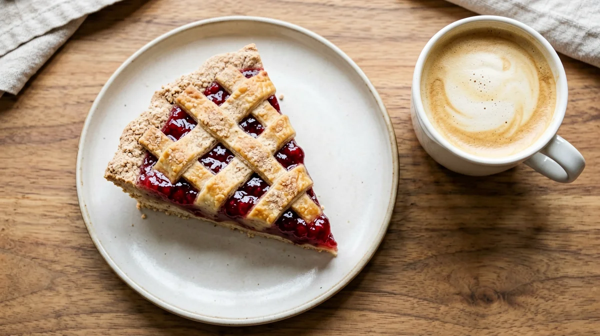 Fetta di crostata integrale alla confettura con cappuccino
