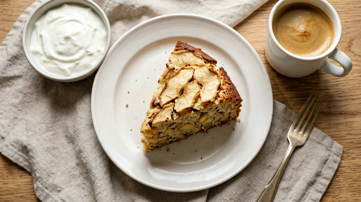 Fetta di torta di mele all'olio con caffè e yogurt